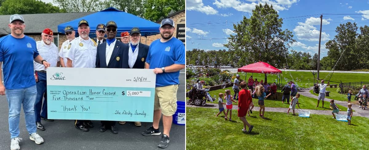 Half is a photo of Sunset Funeral Homes employees giving a check to Operation Honor Guard and the other half is a photo of adults and kids at an outdoor gathering