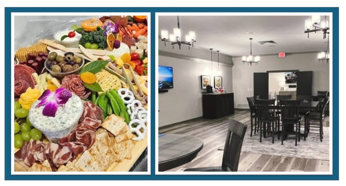 Two photos: One of food and one of a room at a funeral home