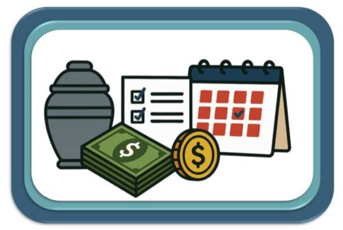 An illustrated image on money, a list, calendar, and urn