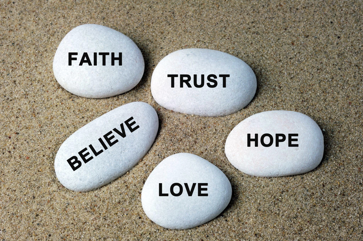 Rocks with a different word on each: faith, trust, believe, love, hope